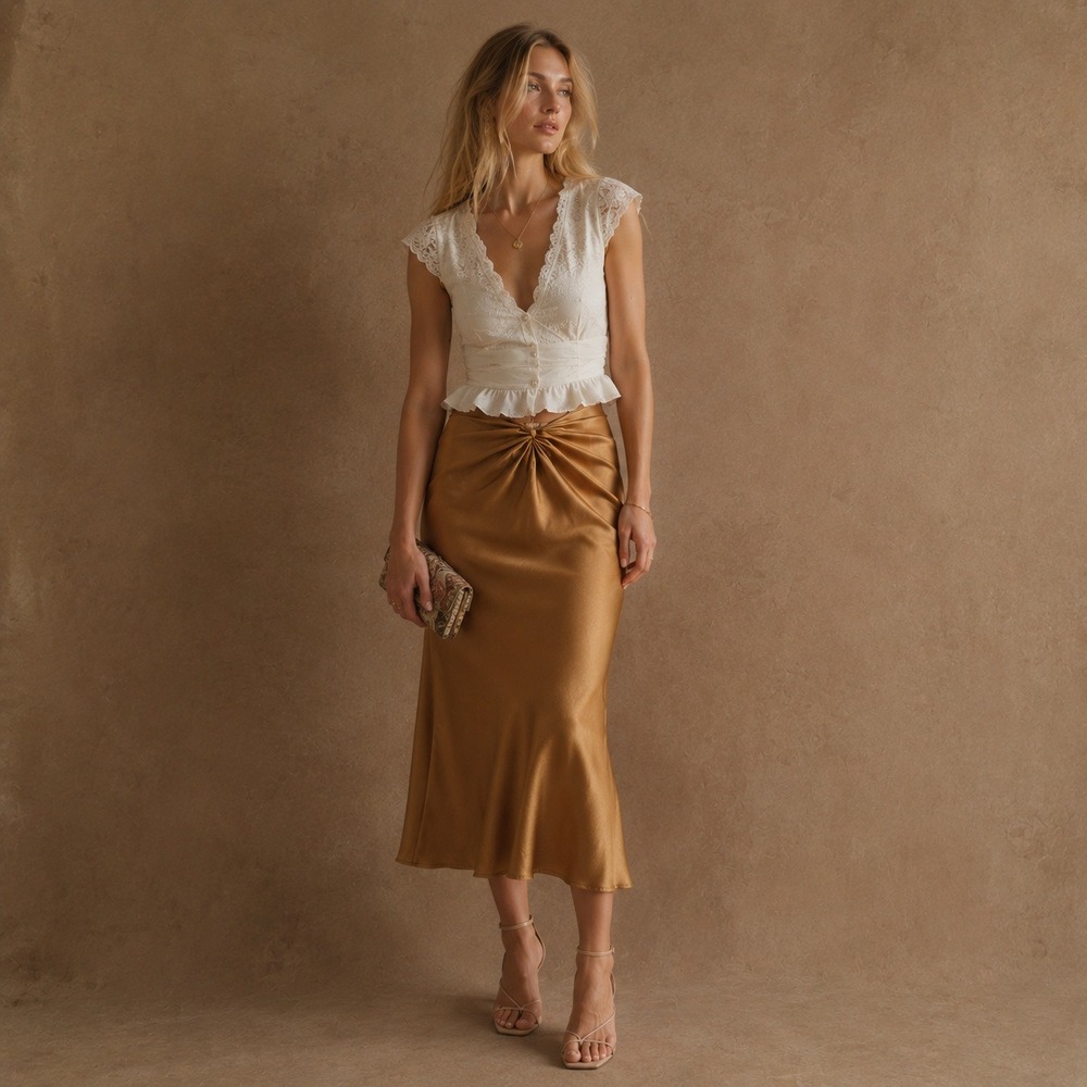 Reformation Silk Twist Front Midi Skirt Sz 10 Butterscotch